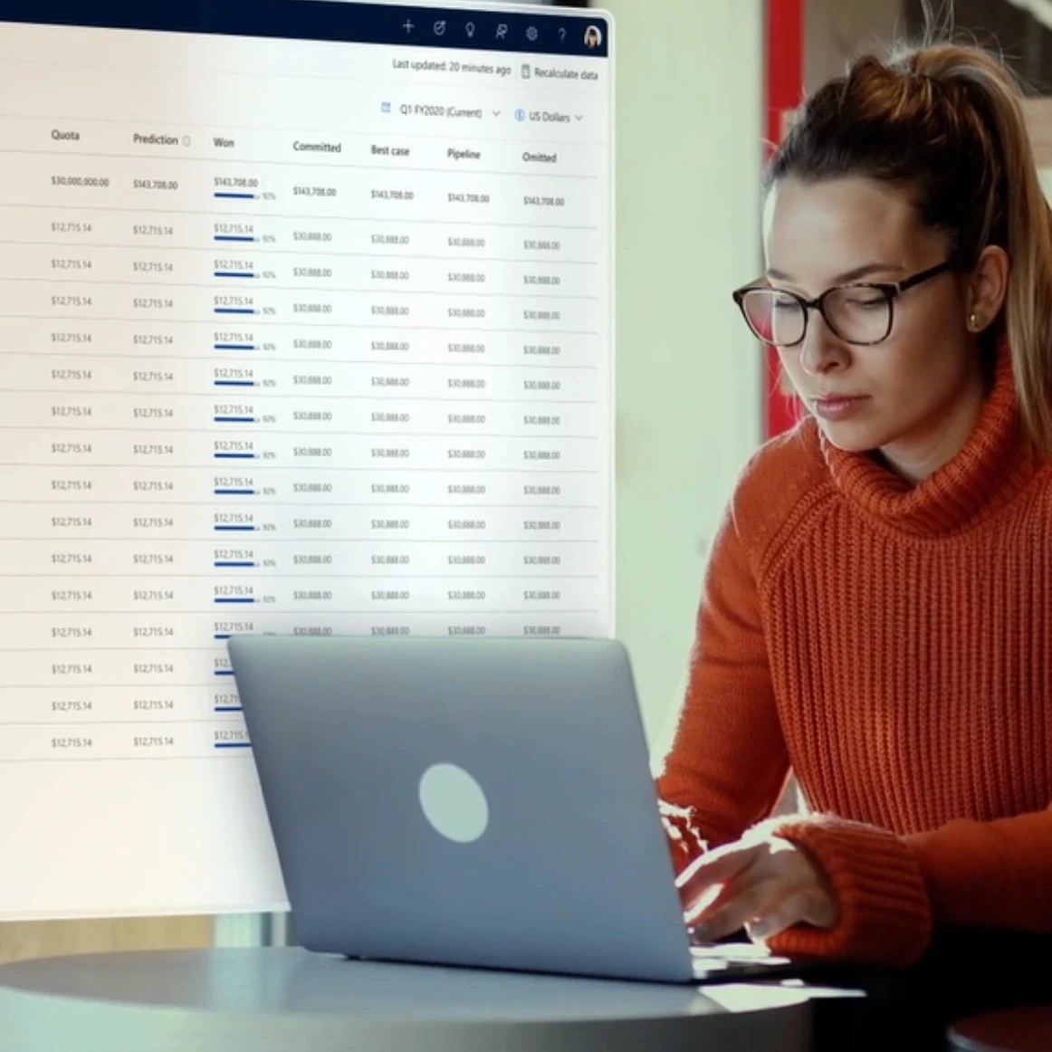 lady working on a laptop, graphic of a dynamics 365 home page 
